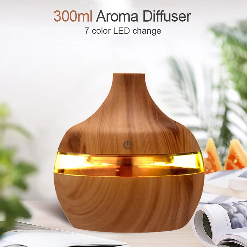 Umidificador USB Ultrassônico com Design de Madeira – Difusor de Aromas e Névoa Fria para Casa