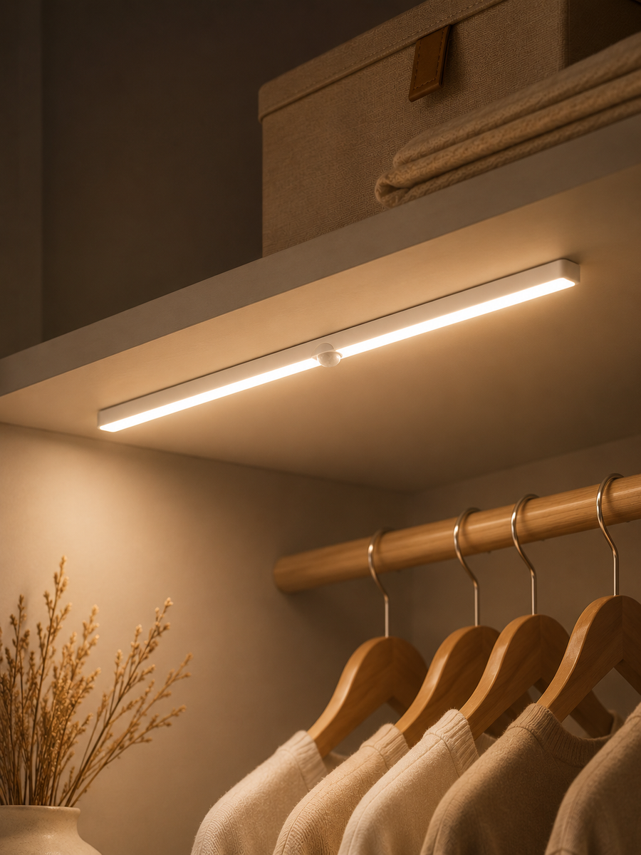 Fita LED com Sensor de Movimento – Recarregável USB, Brilho Ajustável, Sem Fio, para Guarda-Roupa e Quarto