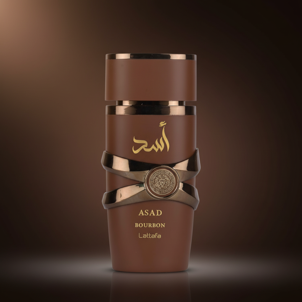 Elegant bottle of Asad Bourbon by Lattafa, showcasing its design and sprayer