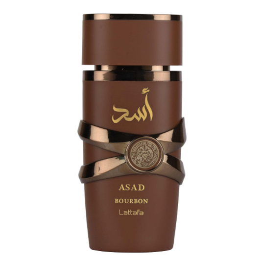 Elegant bottle of Asad Bourbon by Lattafa, showcasing its design and sprayer