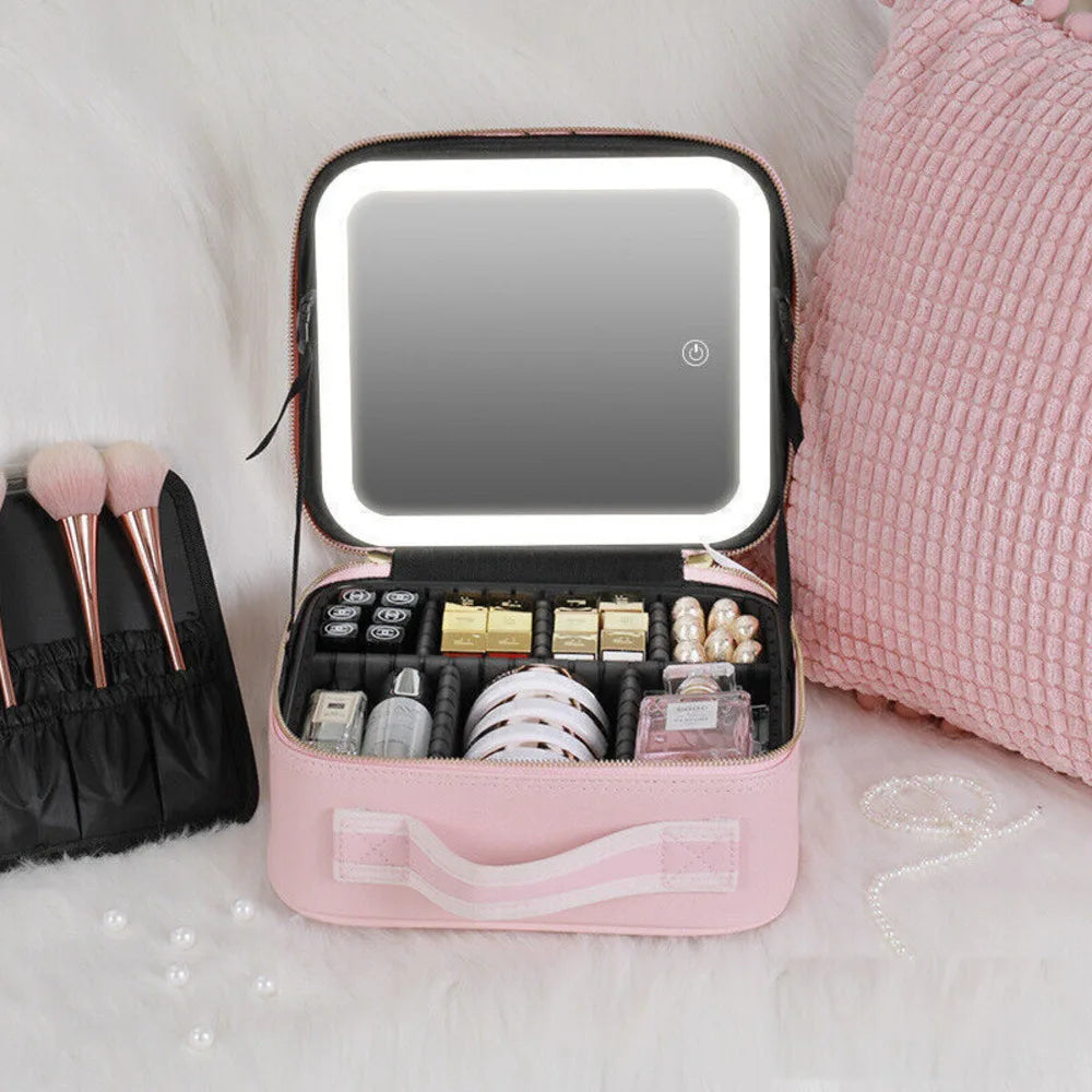 Portable LED Lighted Travel Makeup Bag with Mirror, Cosmetic Train Case with Adjustable Dividers, Professional Makeup Organizer with Brush Holder and Plaid Design