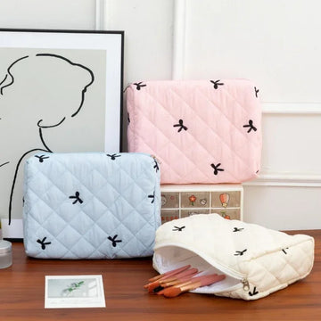 Storage Organizer Bow Quilted Makeup Bag Flower Printed Cosmetic Pouch Large Travel Cosmetic Bag Makeup Accessory
