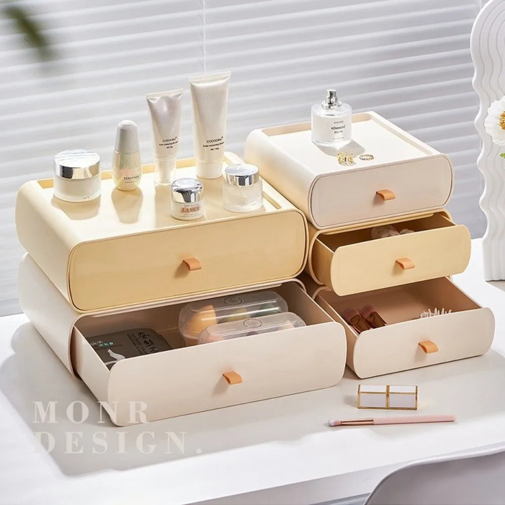 Makeup Organizer with Drawers Stackable Makeup Organizer with Top Tray Free Combination Desktop Vanity Storage for Cosmetics