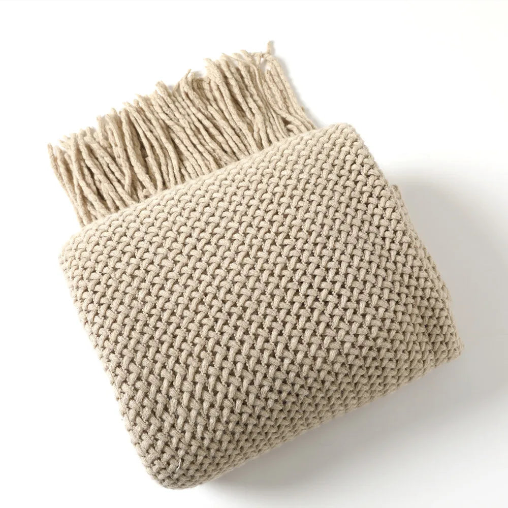 Manta Tricô Boho com Franjas – 100% Acrílico, Leve e Macia, para Sofá, Cama e Decoração