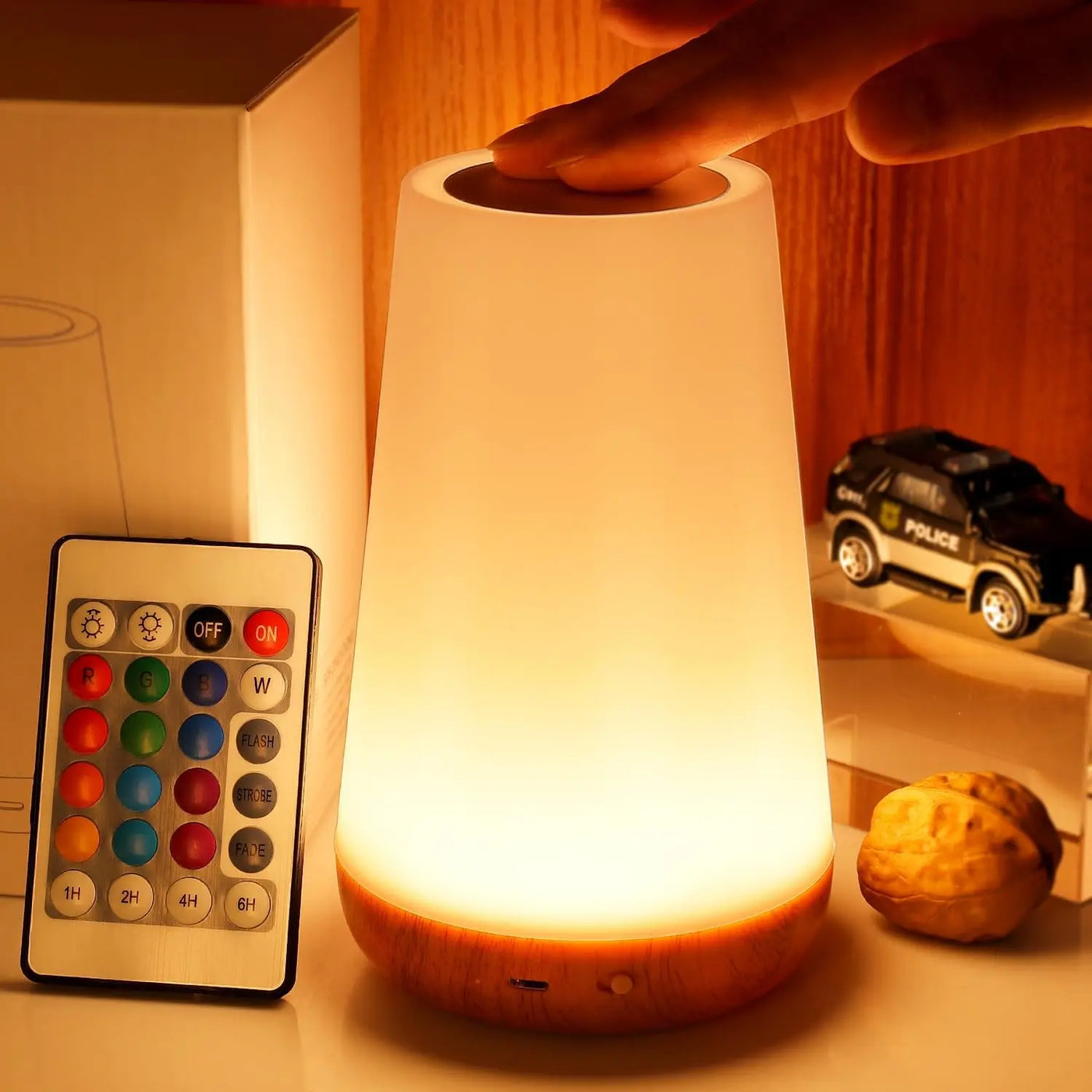 Luz Noturna RGB 13 Cores com Controle Remoto e Toque – Recarregável USB, Regulável, Portátil para Cabeceira
