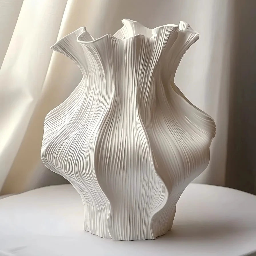 Vaso de Cerâmica Nórdico com Textura 3D – Ondas em Relevo, para Sala, Quarto e Flores Secas