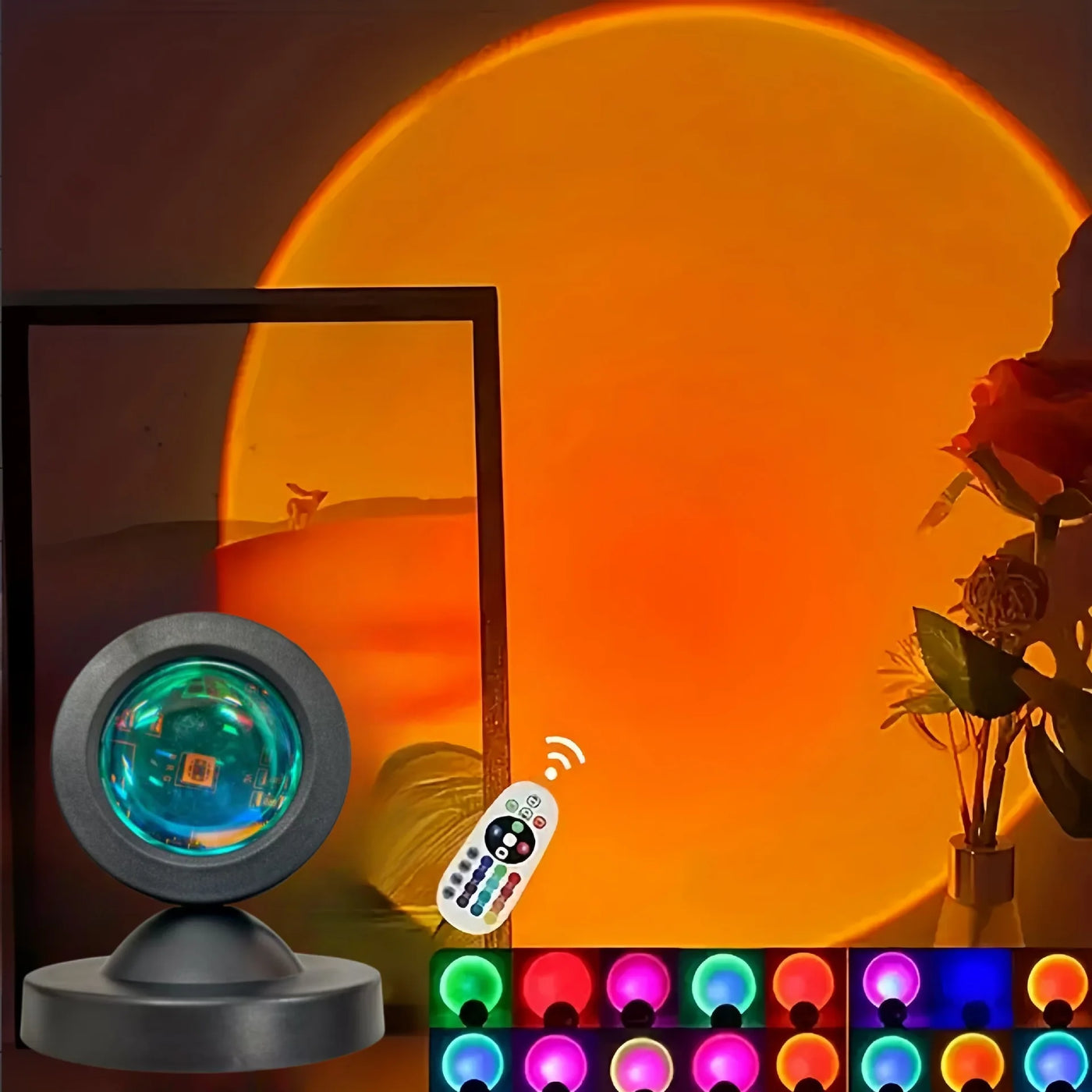 Luz de Projeção Pôr do Sol – 16 Cores, Controle Remoto USB, LED Dinâmico para Decoração de Ambientes