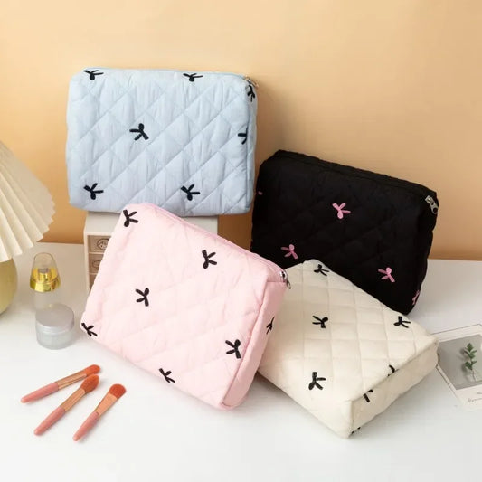 Storage Organizer Bow Quilted Makeup Bag Flower Printed Cosmetic Pouch Large Travel Cosmetic Bag Makeup Accessory