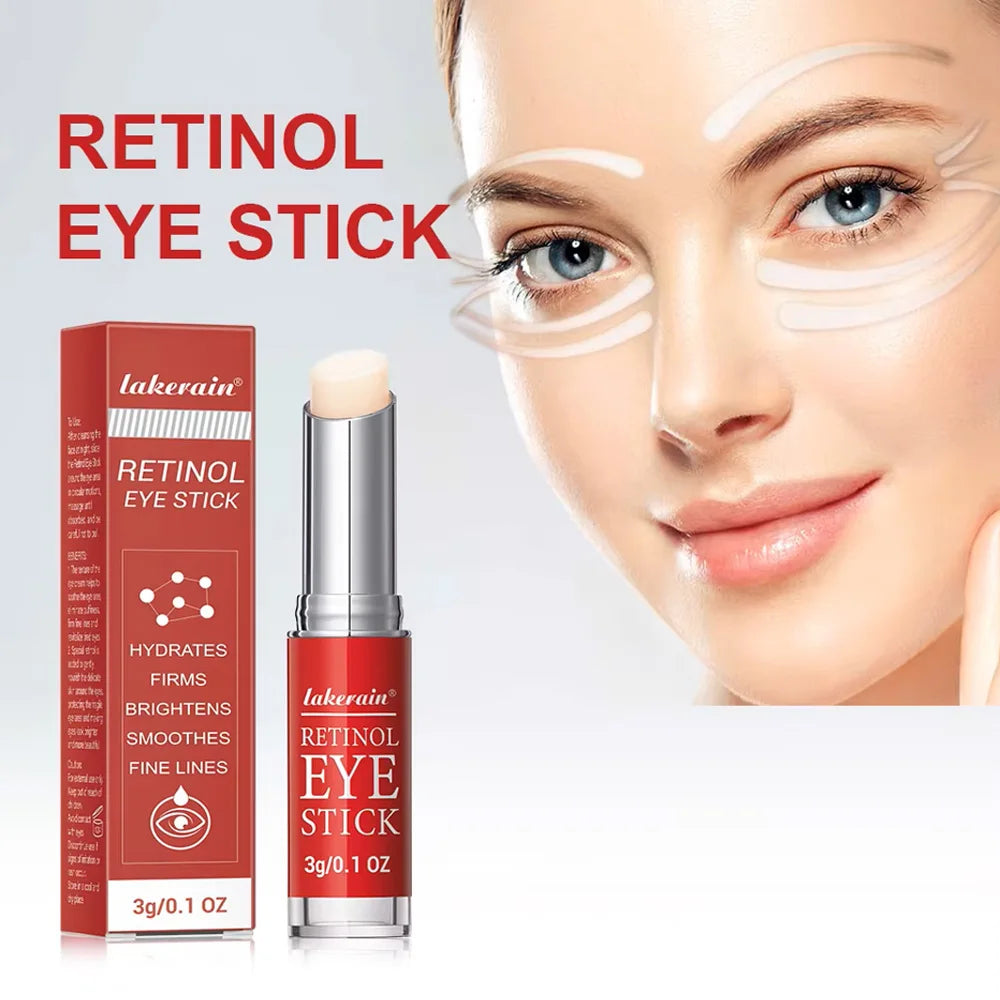 Close-up of the Lakerain Retinol Eye Stick balm highlighting its anti-aging benefits for smoothing fine lines and brightening the under-eye area.
