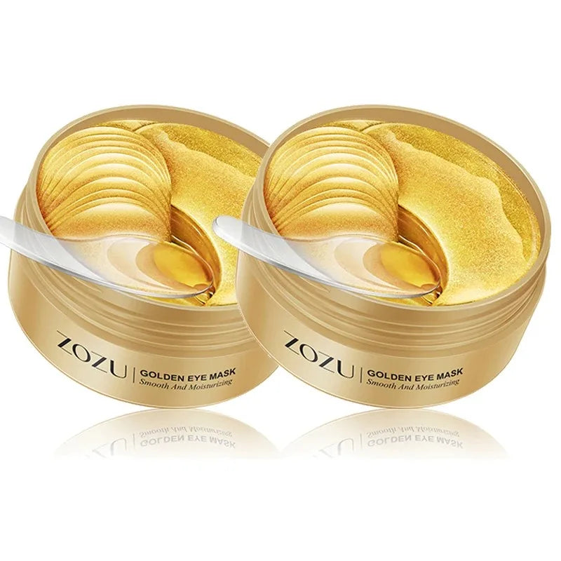 ZOZU Gold Nourish Eye Mask for anti wrinkle under eye cream application. This golden hydrogel mask replenishes smooth and crystal clear eyes, tightens the eye area, and relieves fatigue for a brightened, refreshed look.