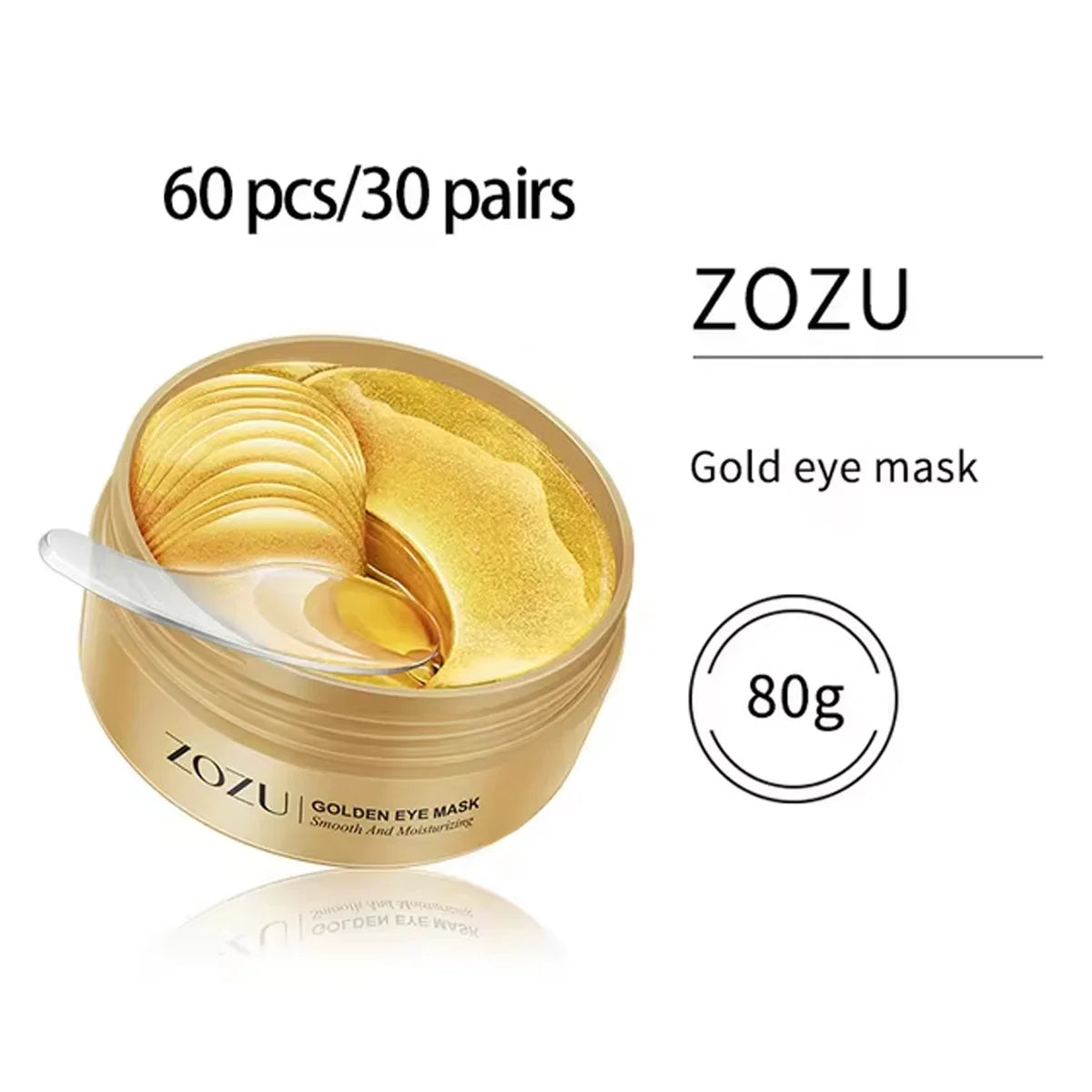 ZOZU Golden Eye Mask 80g jar with 60 pieces or 30 pairs of anti wrinkle under eye cream patches. These gold hydrogel masks provide intensive nourishment to brighten the eye area, tighten skin, and relieve fatigue for a smooth, crystal clear look.