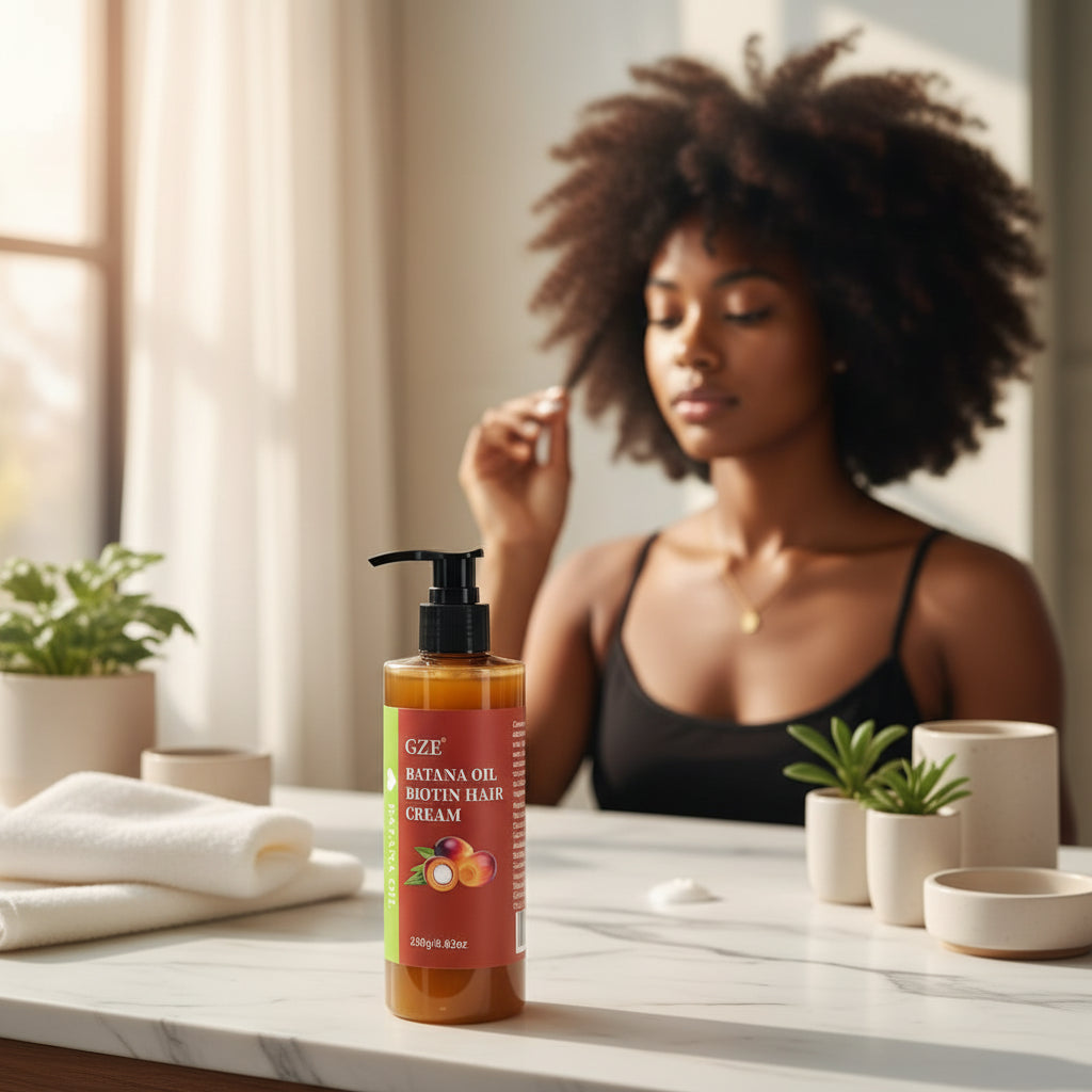 Batana oil and biotin hair care cream protecting hair from cold weather and winter dryness