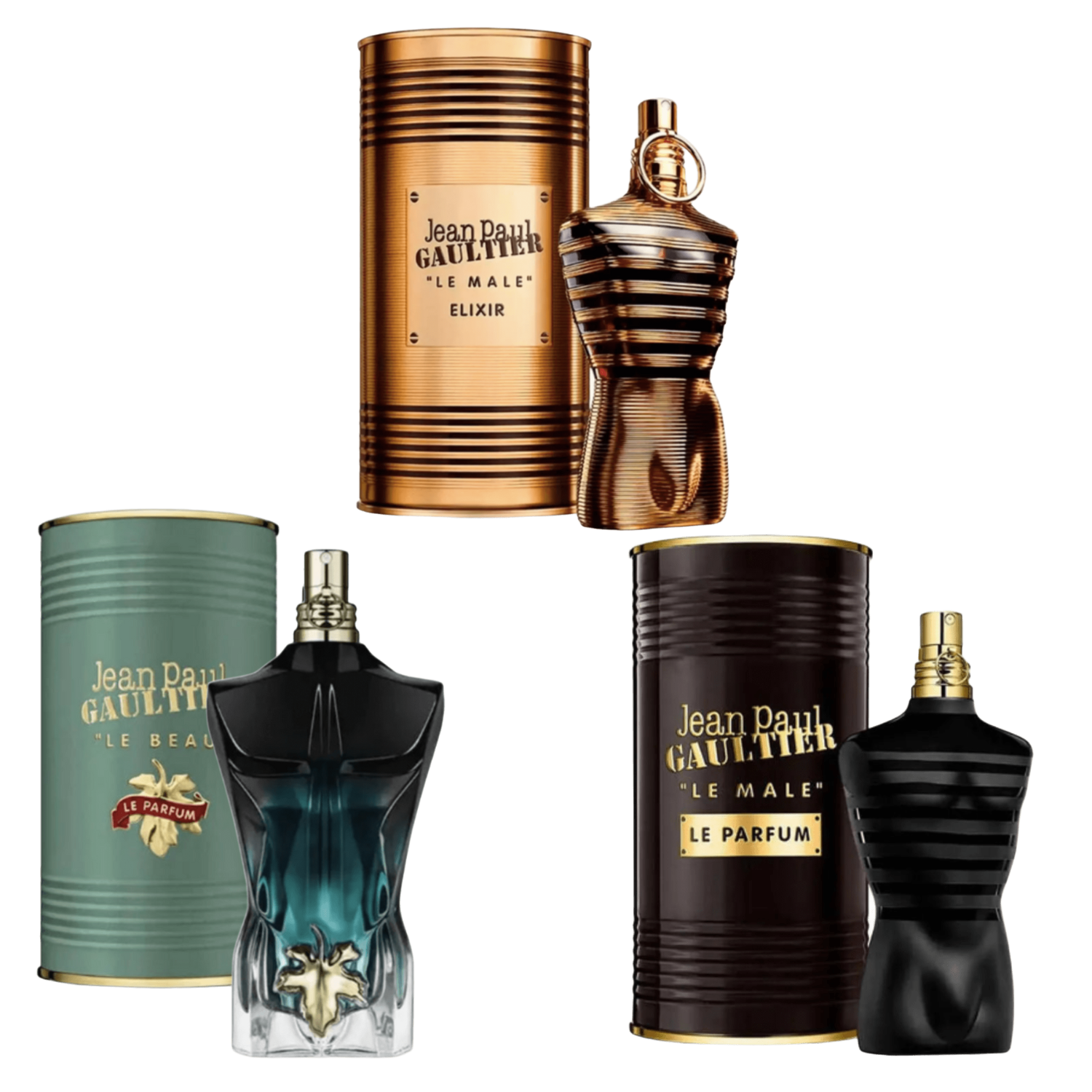 Jean Paul Gaultier masculine fragrance collection showing Le Male Le Parfum, Le Beau, and Le Male Elixir together - premium perfume trio