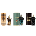 Jean Paul Gaultier perfume collection featuring Le Male Elixir and Le Beau EDP Intense men's fragrances, 125ml bottles
