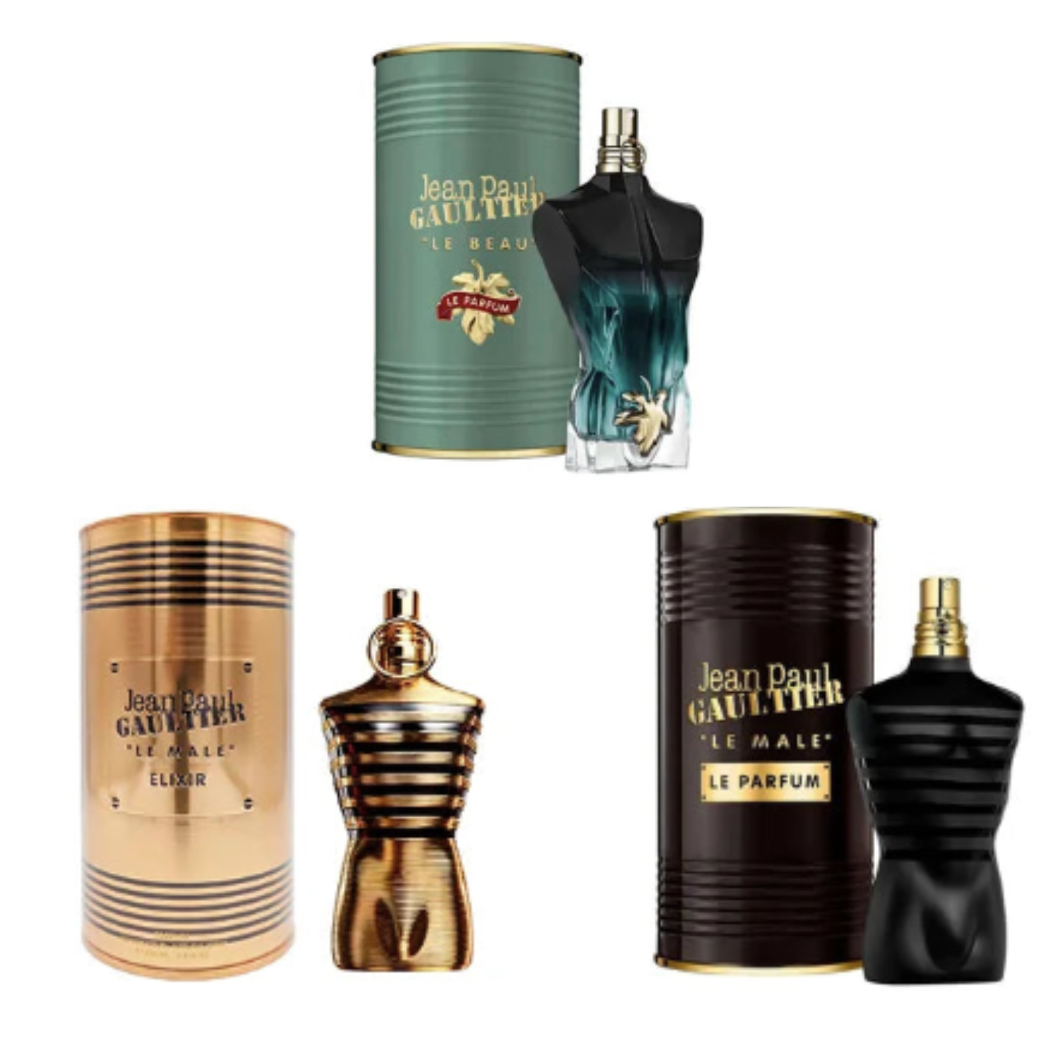 Fragrance collection featuring JPG Le Male Elixir (4.2 oz) and Le Beau EDP Intense (4.2 oz) men's perfumes