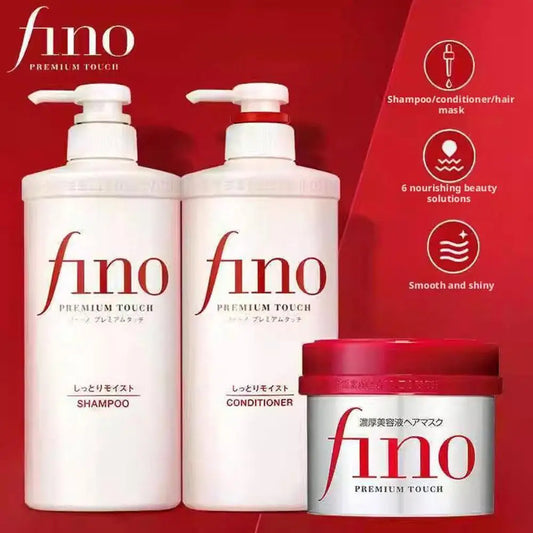Fino Premium Touch hair care set featuring shampoo, conditioner, and keratin hair mask. This professional treatment offers 6 nourishing beauty solutions for frizzy and damaged hair, leaving it smooth, shiny, and deeply repaired from root to tip.