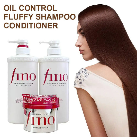 Fino Premium Touch Oil Control and Fluffy Shampoo, Conditioner, and keratin hair mask set. This treatment provides a lightweight, voluminous finish for damaged hair, ensuring deep nourishment while keeping hair airy, smooth, and shiny.