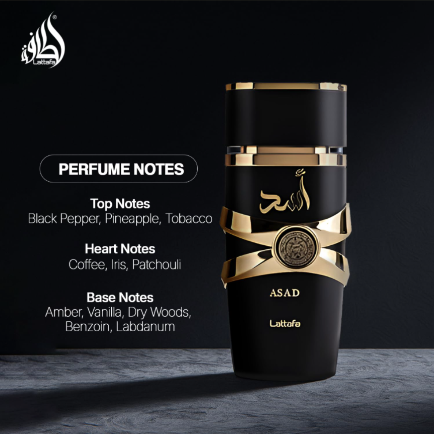 Back label of Lattafa Asad EDP showing fragrance notes and details