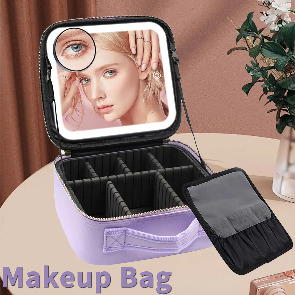 LED-lighted makeup organizer with a clear built-in beauty mirror