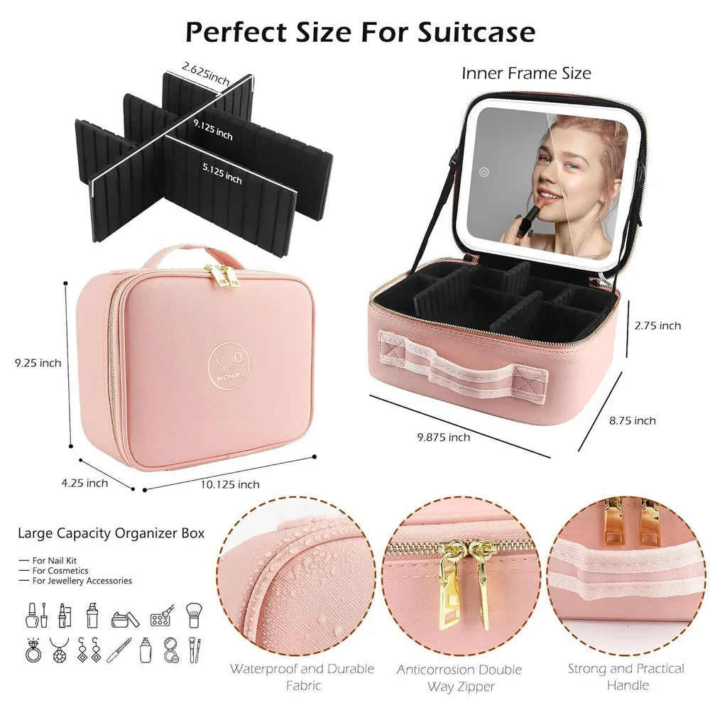 Portable makeup bag featuring adjustable LED lighting for beauty retouches