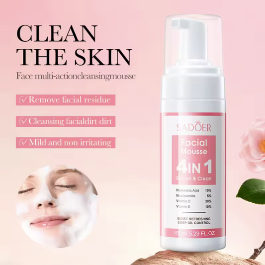 SADOER 4-in-1 Facial Cleansing Mousse bottle with Hyaluronic Acid, Niacinamide and Vitamin C for deep cleaning and oil control
