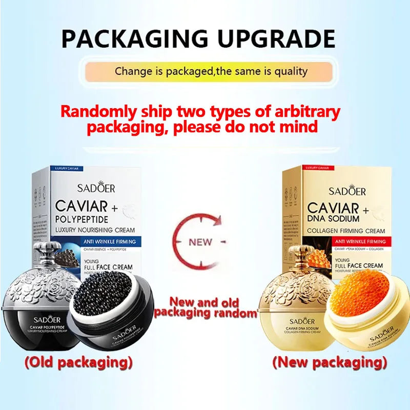 Sadoer Caviar skin care packaging upgrade showing Old Packaging Caviar Polypeptide Luxury Nourishing Cream and New Packaging Caviar DNA Sodium Collagen Firming Cream jars and boxes for anti-wrinkle facial treatment.