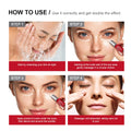 Skincare model with white graphics illustrating the targeted application zones around the eyes to treat fine lines and dark circles.
