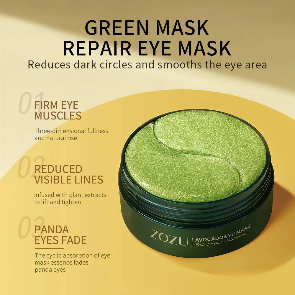ZOZU eye mask set featuring 60 pieces of Avocado Fruit Essence and Golden moisturizing eye patches. Hydrogel eye mask for dark circles, puffiness, and anti-wrinkle treatment to firm eye bags and hydrate under-eye skin